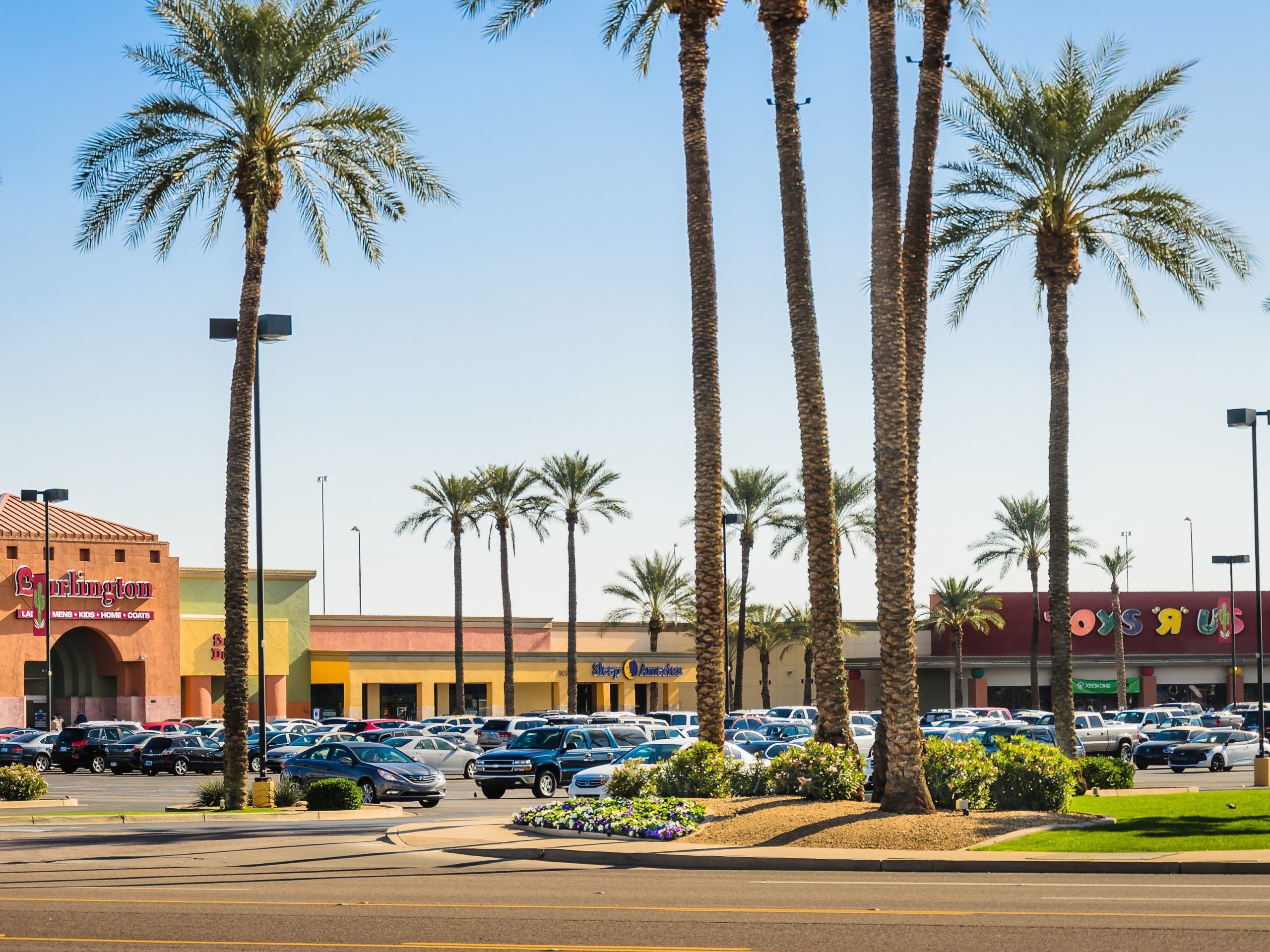 Cars gather in the parking lots outside of the Pavilions at Talking Stick shopping center in Salt River, Arizona.